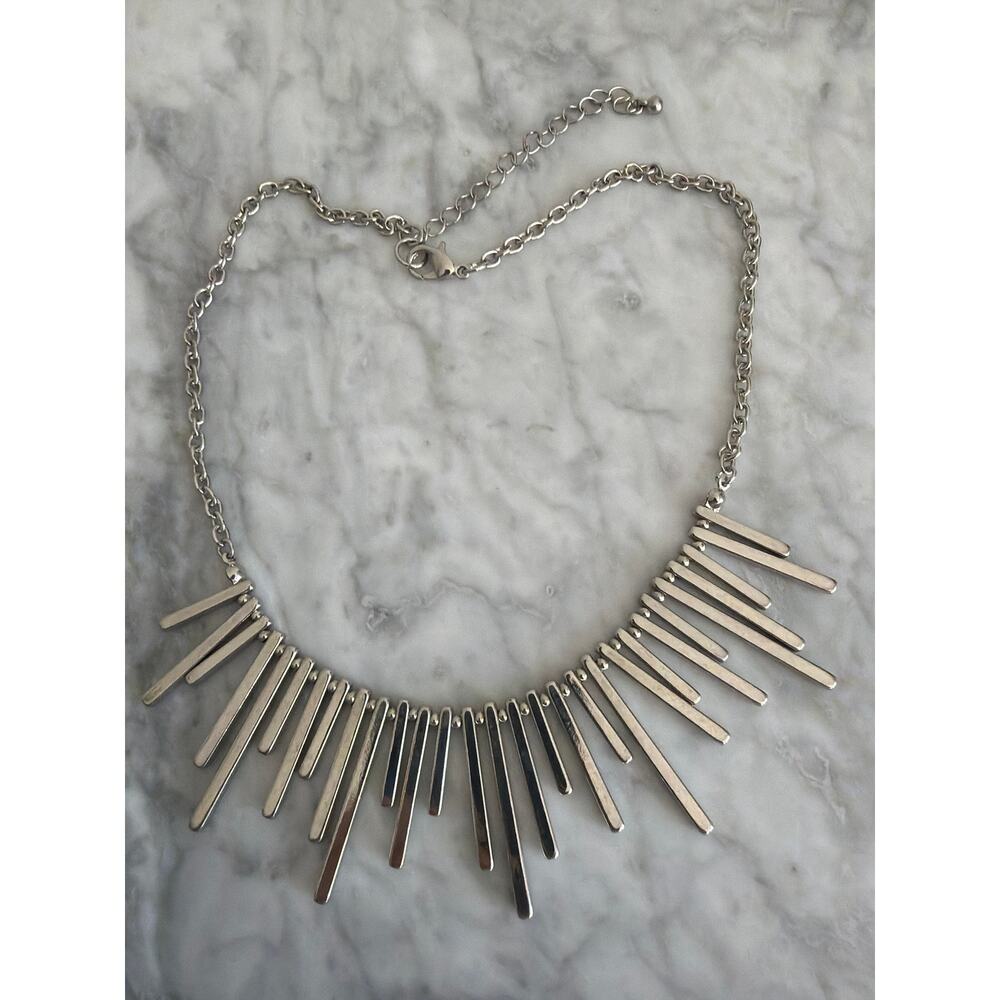 Modernist Silver Fringe Necklace Statement Bar Bib Minimalist Collar Adjustable